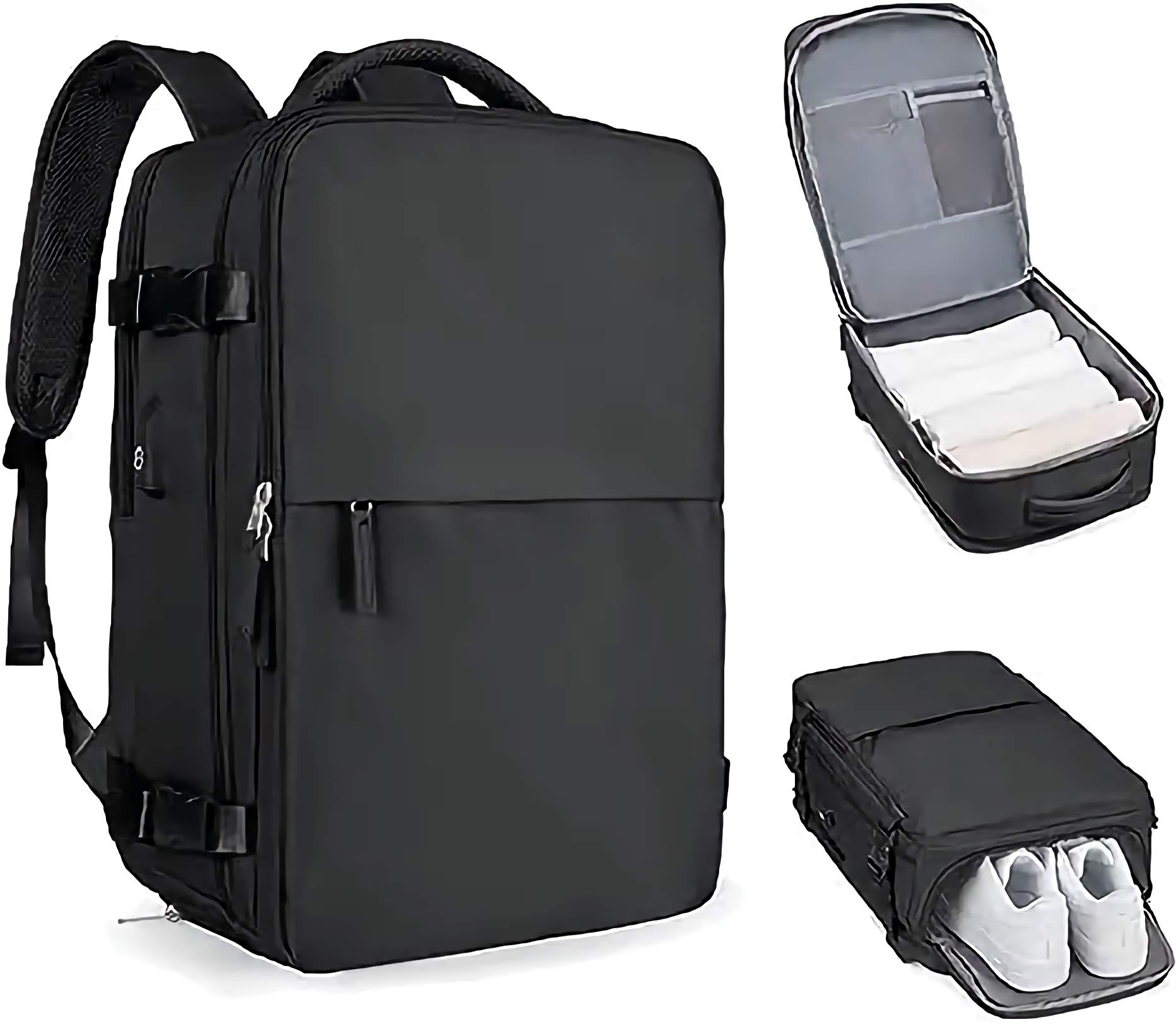 Black backpack with open compartments showing organized items on a white background