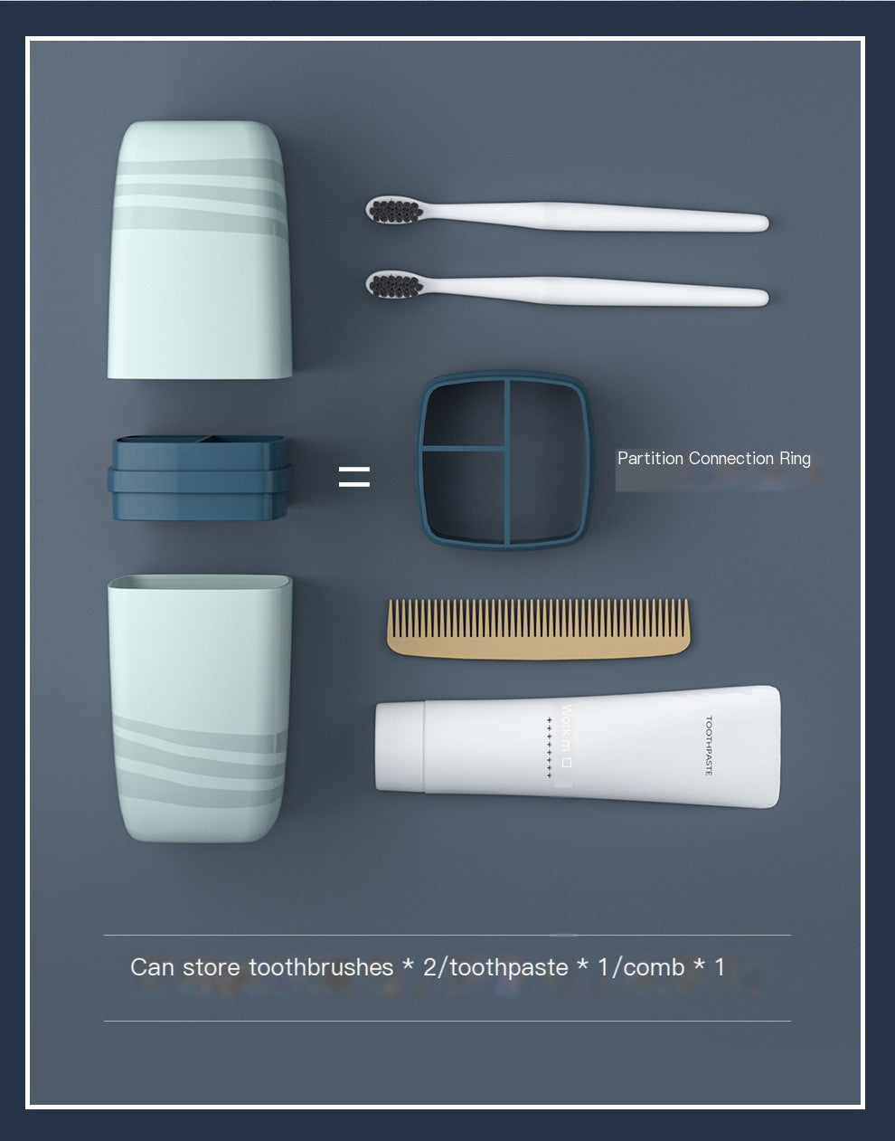 Collection of bathroom essentials including toothbrushes, a cup, a comb, and a tube of toothpaste on a dark background.