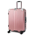 Pink suitcase with a striped pattern on a white background