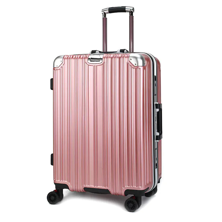 Pink suitcase with a striped pattern on a white background