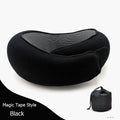 Black neck pillow with carrying bag on a white background