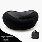 Black neck pillow with carrying bag on a white background
