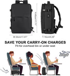 Black backpack with dimensions and illustration of airplane passengers using a seatback tray.