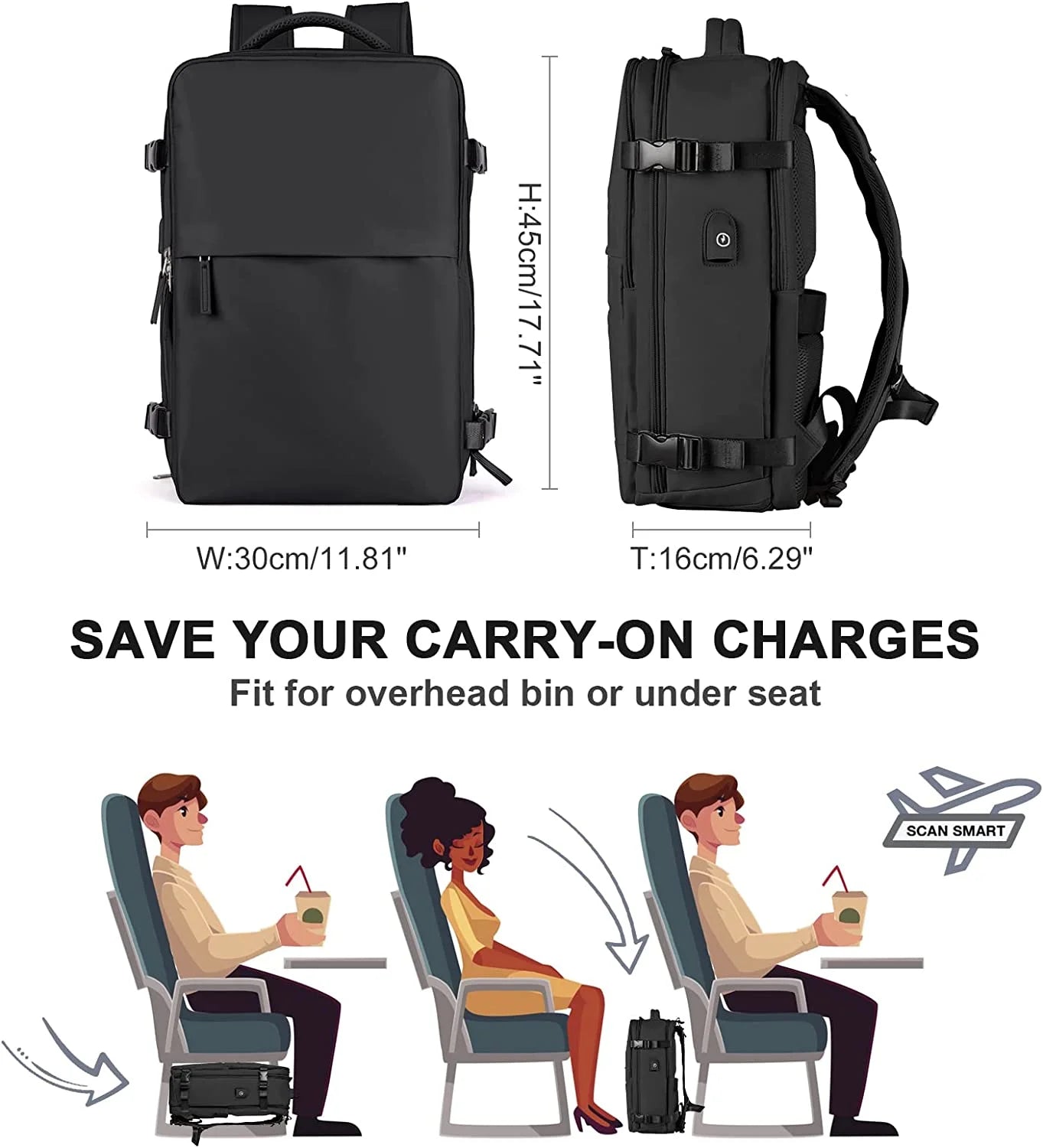 Black backpack with dimensions and illustration of airplane passengers using a seatback tray.