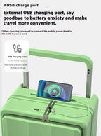 Green suitcase with USB charging port and smartphone holder on a white background