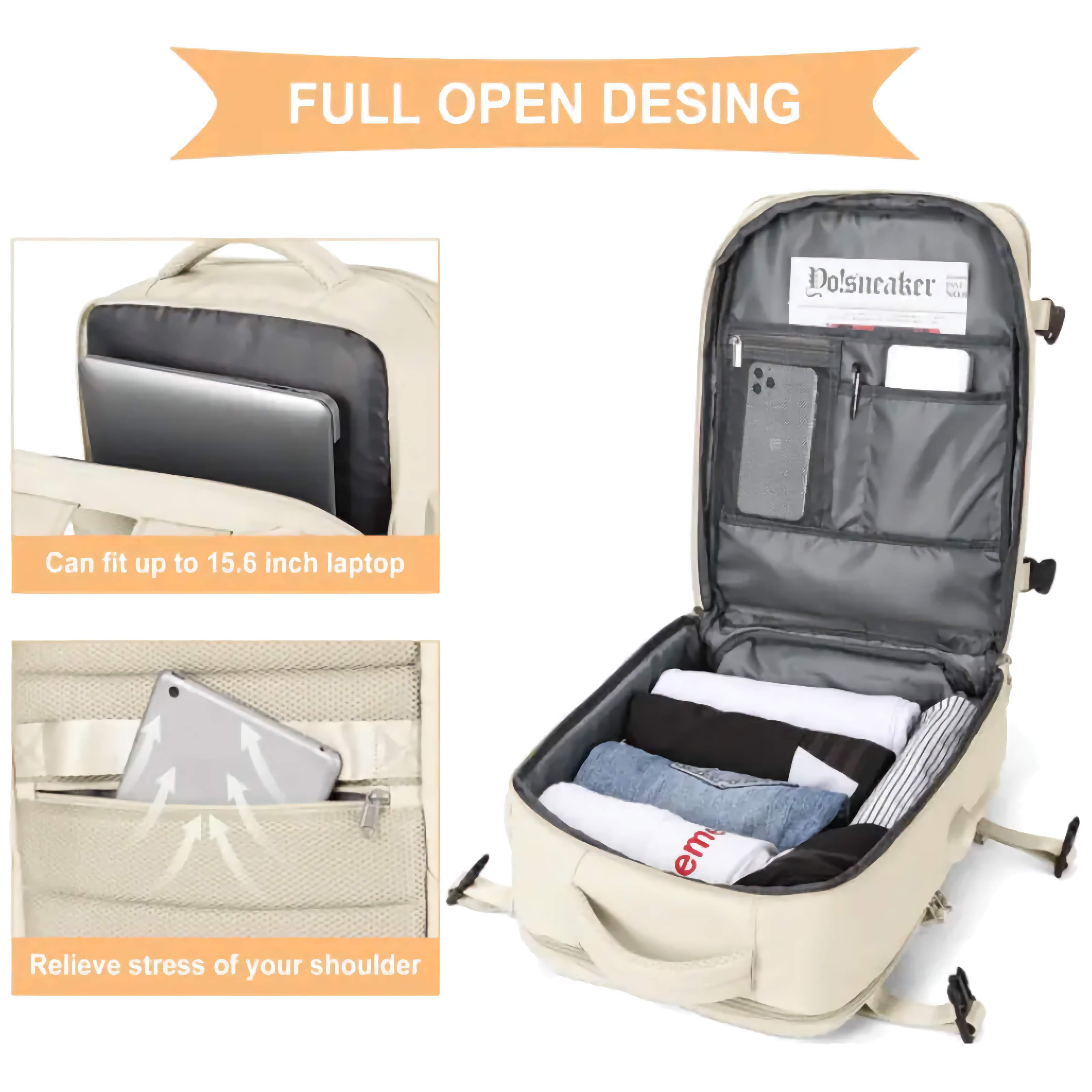 Beige backpack with compartments and a laptop sleeve on a white background