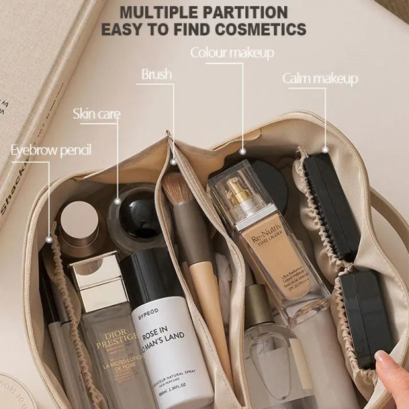 Makeup bag with various cosmetic products labeled, including skin care, eye makeup, and foundation.