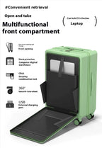 Green suitcase with open front compartment on a white background, featuring text about its features.