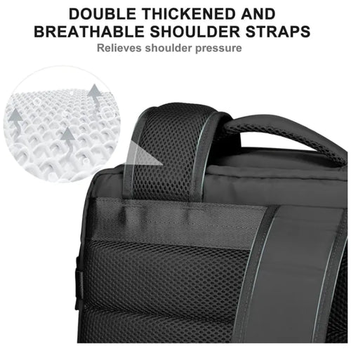 Black backpack with double-thickened and breathable shoulder straps on a white background