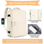 Beige backpack with USB charging port design, showing how to connect a phone and power bank.
