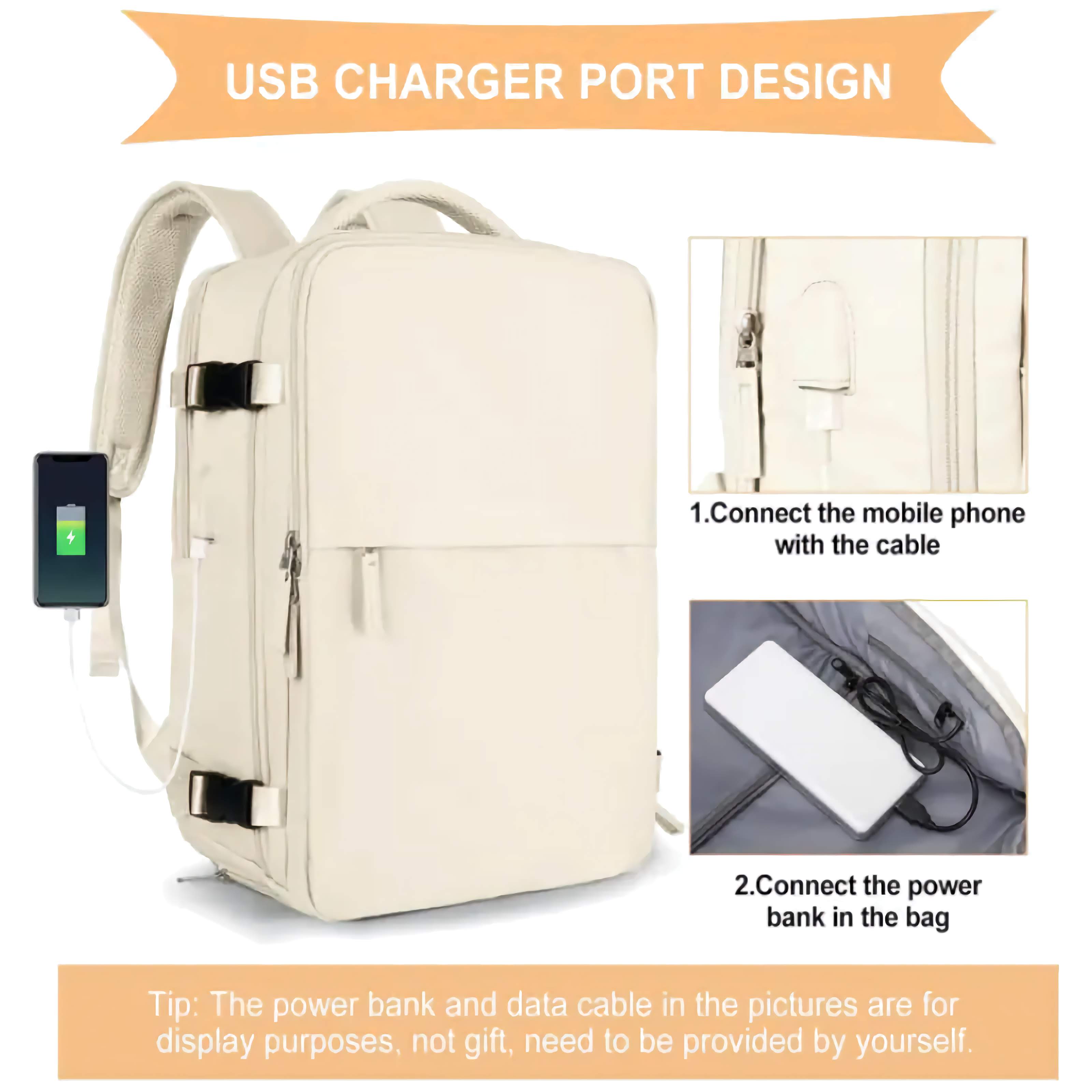 Beige backpack with USB charging port design, showing how to connect a phone and power bank.