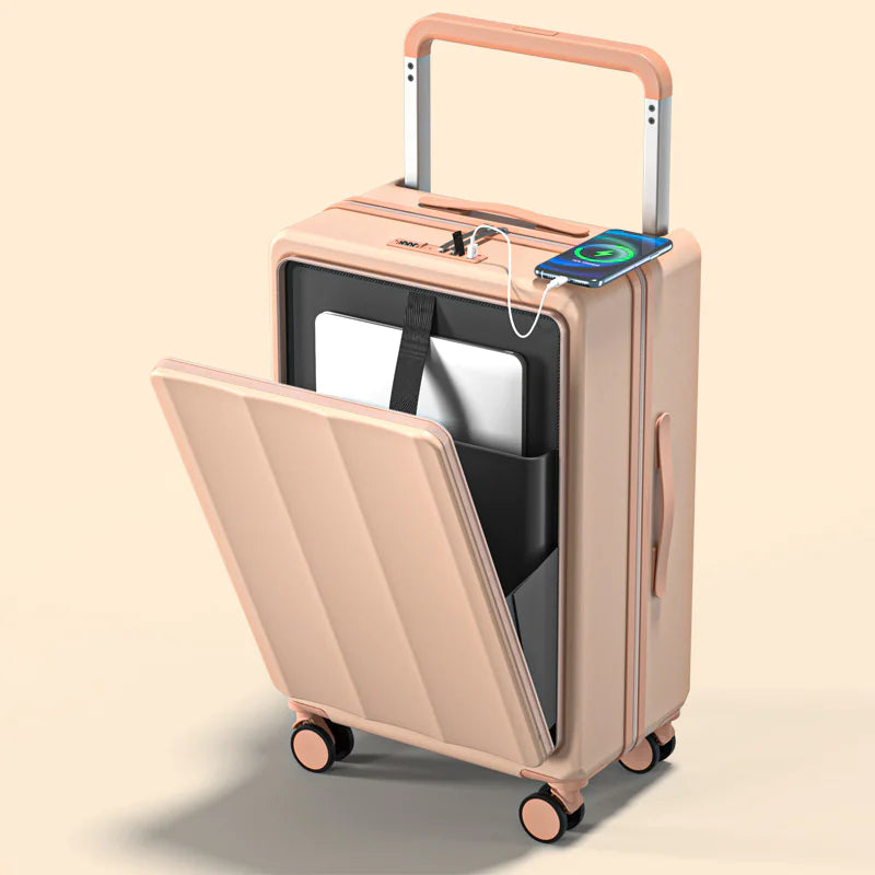 Pink suitcase with open front compartment, laptop, and phone on a beige background