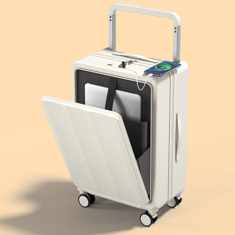 White suitcase with open front compartment on a beige background