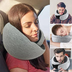 Collage of people using a gray travel neck pillow in various settings.