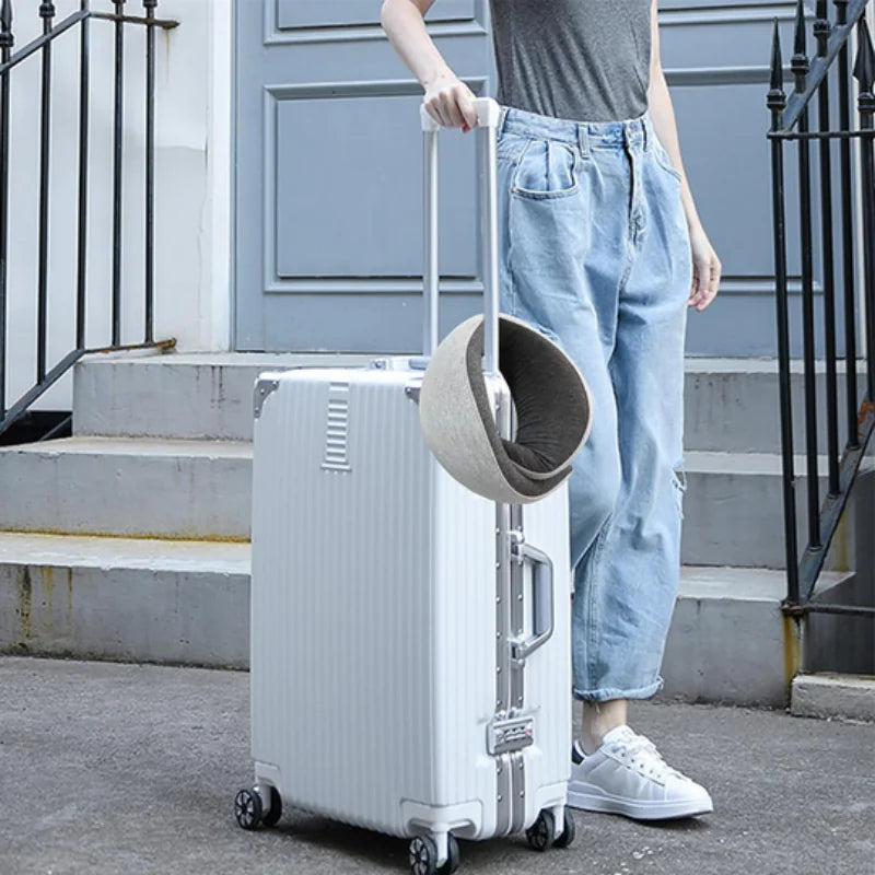Person holding a white suitcase with a cat carrier on top, standing outside a building.
