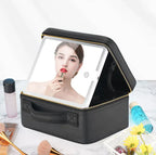 Black makeup bag with mirror on a white background