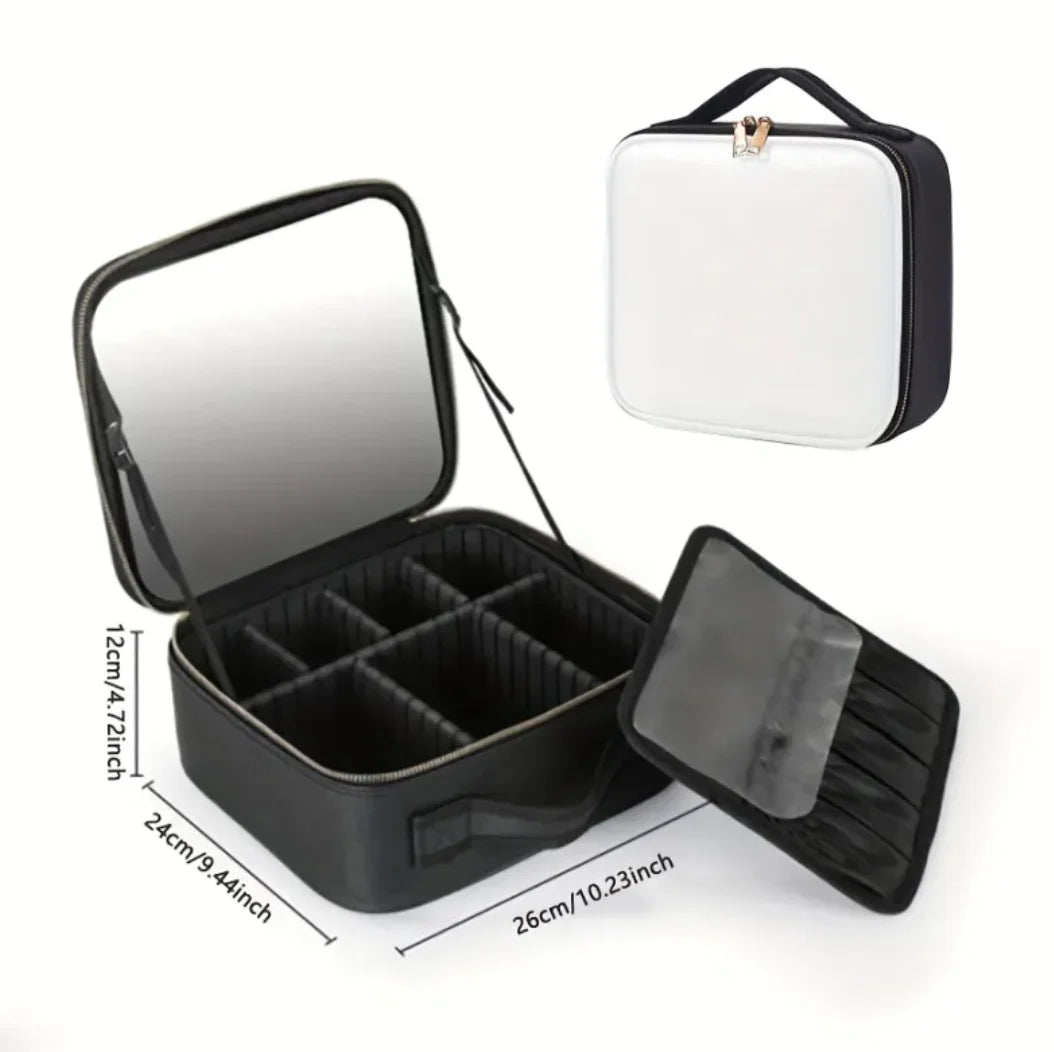 Black travel makeup case with mirror and compartments, shown open and closed, on a white background.
