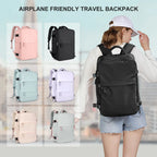 Airplane friendly travel backpack with multiple color options and a person wearing one.