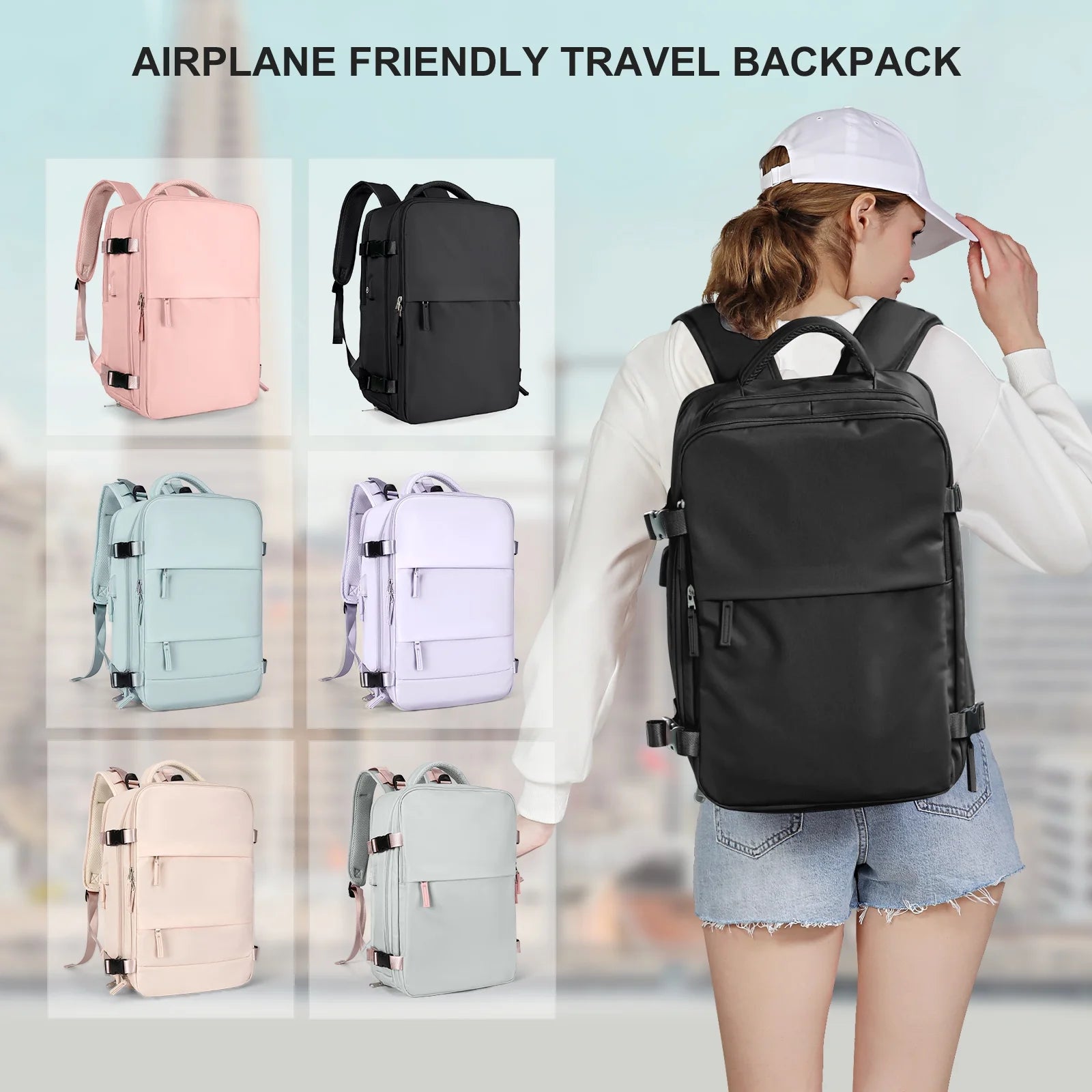 Airplane friendly travel backpack with multiple color options and a person wearing one.