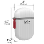 White cylindrical soap bar container with red tag and dimensions labeled on a white background