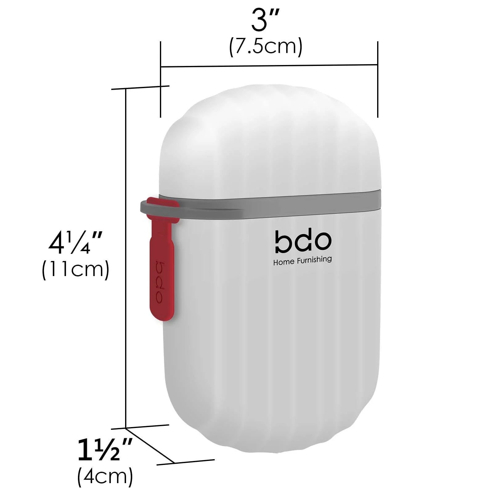 White cylindrical soap bar container with red tag and dimensions labeled on a white background
