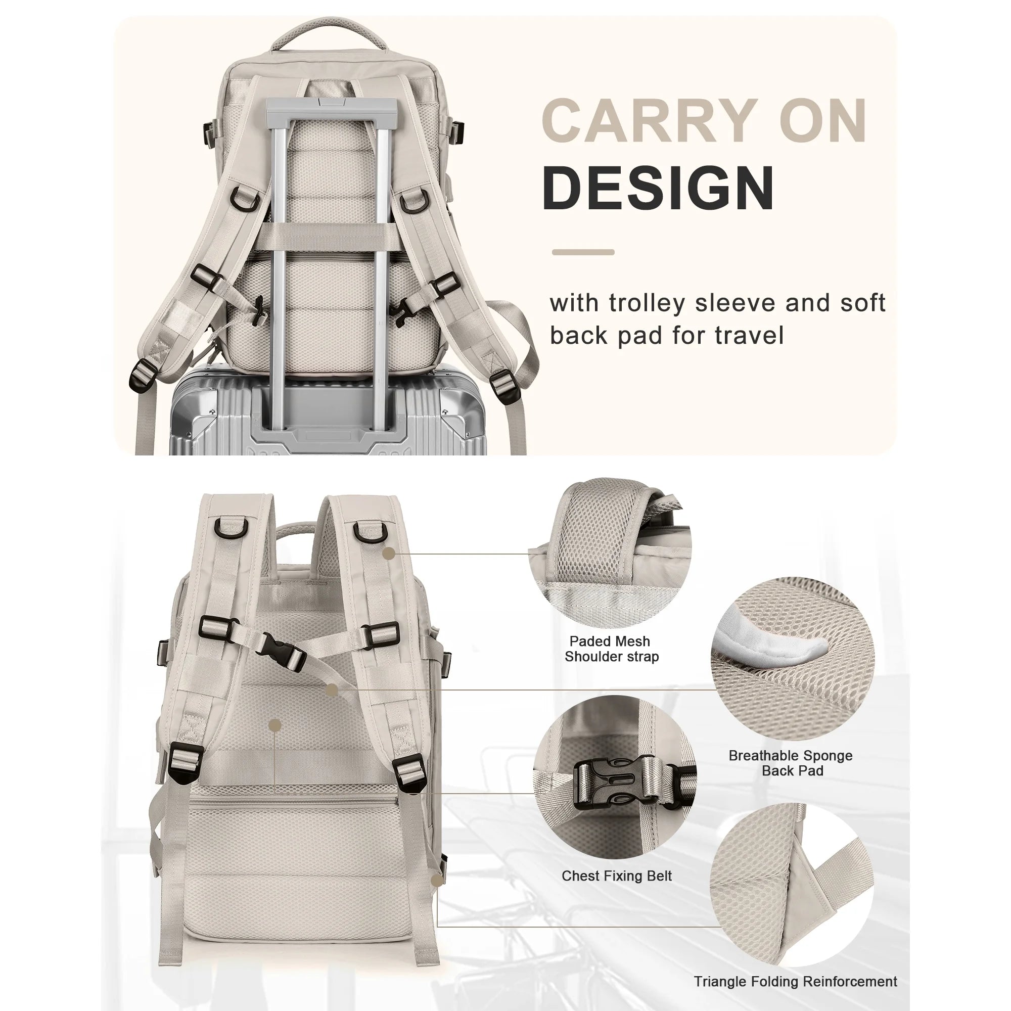 Backpack with trolley sleeve and soft back pad for travel, featuring multiple views and design elements.