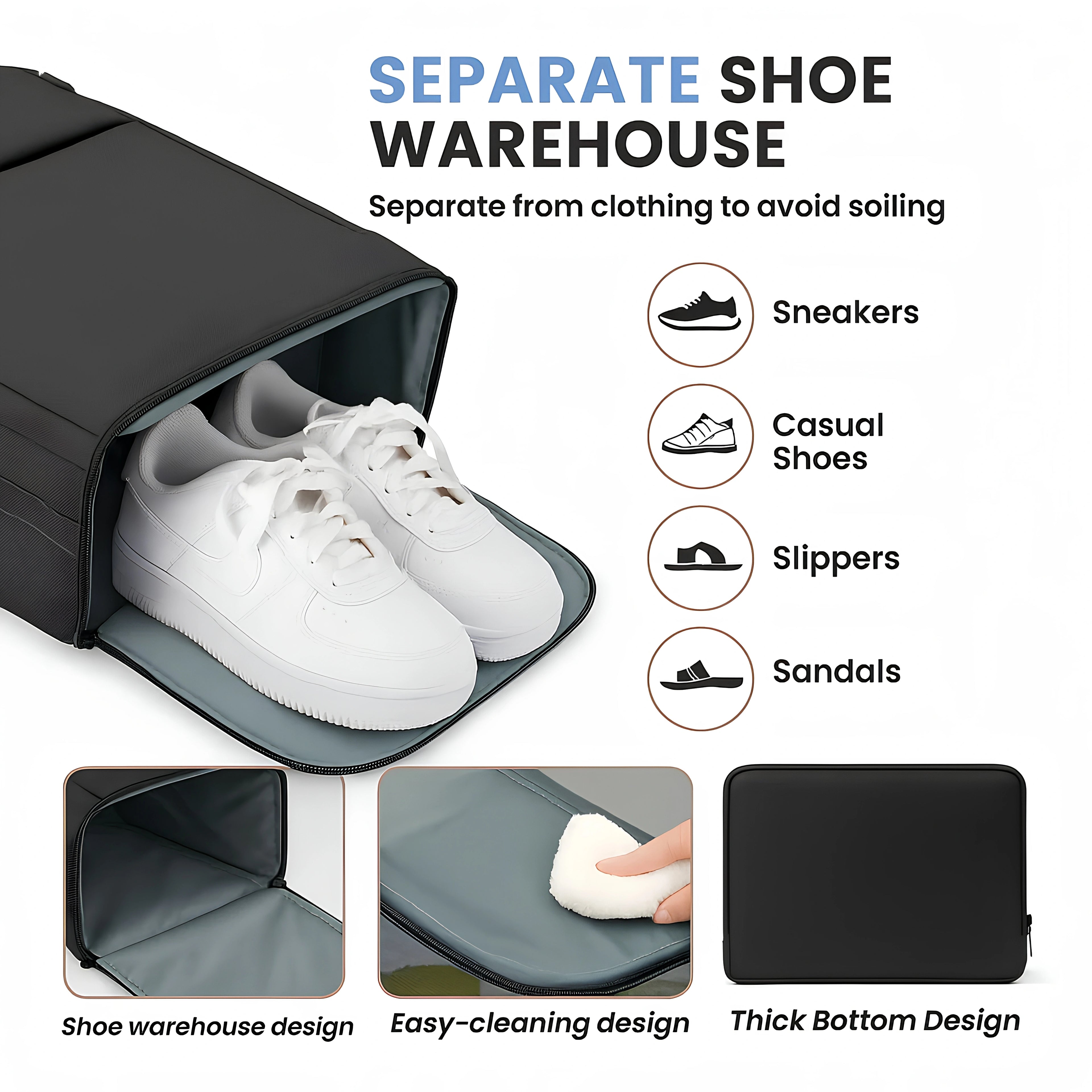 Black shoe warehouse with white sneakers, categorized storage options, and design features.