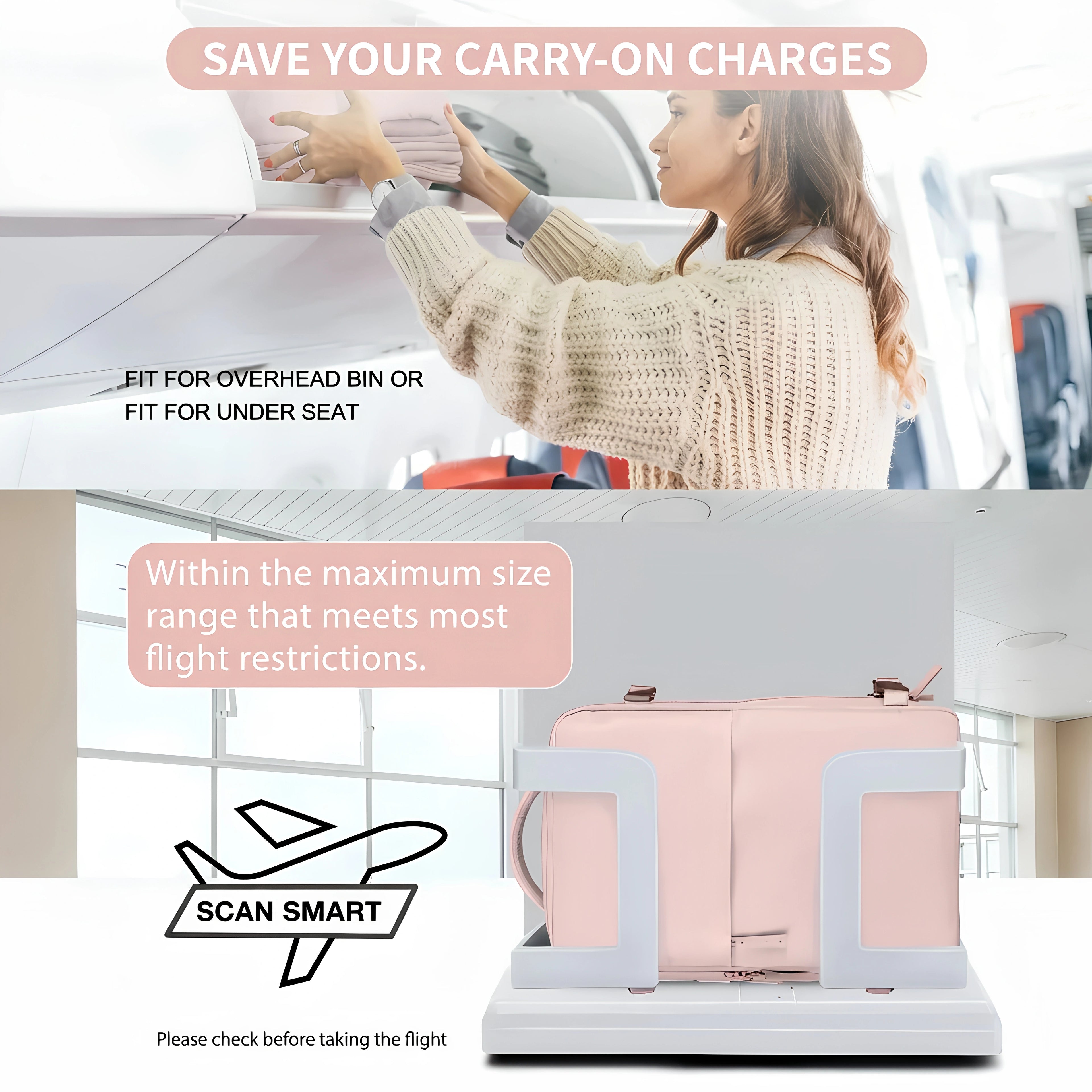 Woman placing a pink suitcase into an airplane overhead bin with text about saving carry-on charges.