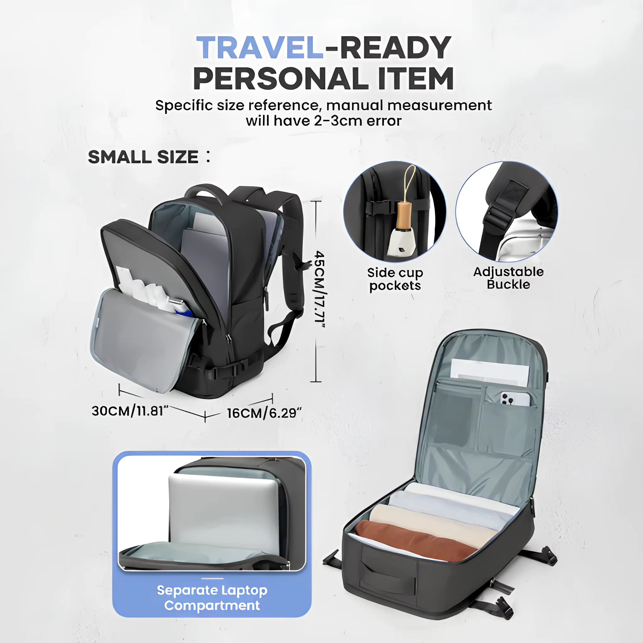 Backpack with features highlighted on a white background