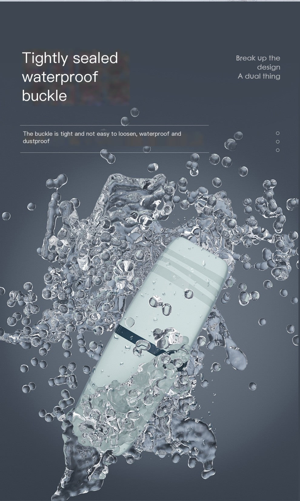 Product with a waterproof buckle submerged in water, text on durability.