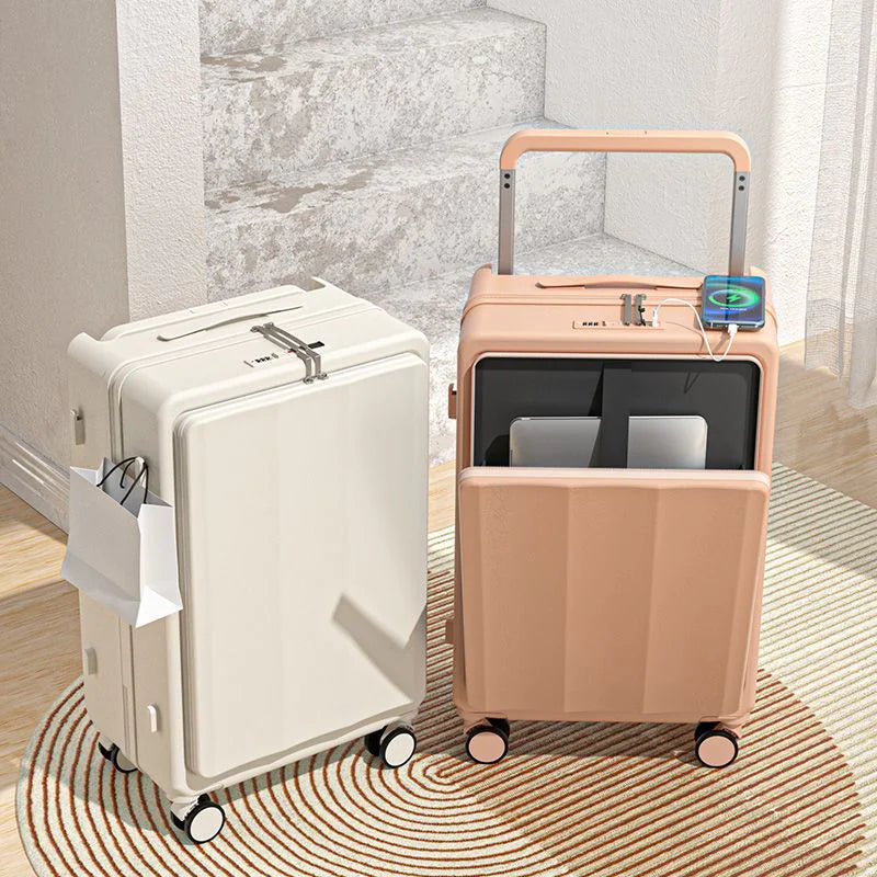 Two suitcases, one white and one beige, on a wooden floor with a neutral background.