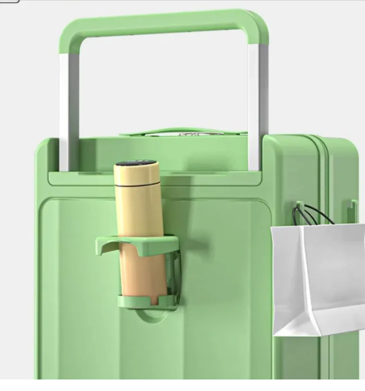 Green suitcase with a water bottle holder attached on a white background
