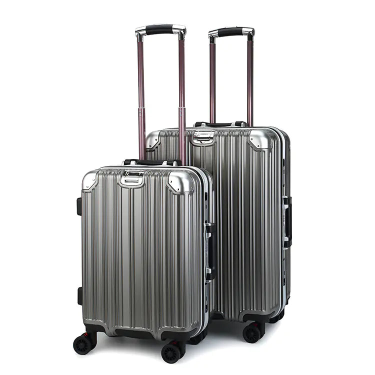 Two silver suitcases with wheels on a white background