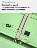 Green suitcase with a combination lock and USB charging port, featuring text about convenience and safety.