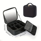 Black travel makeup case with mirror and dimensions on a white background