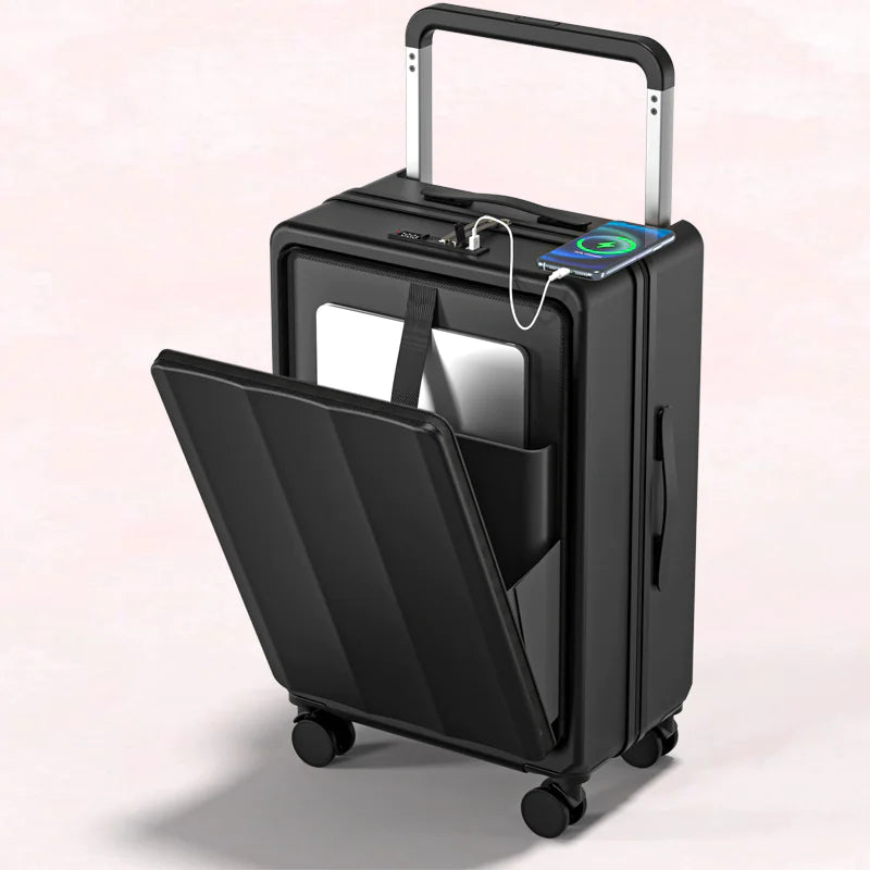 Black suitcase with open front compartment and electronic device on a light pink background