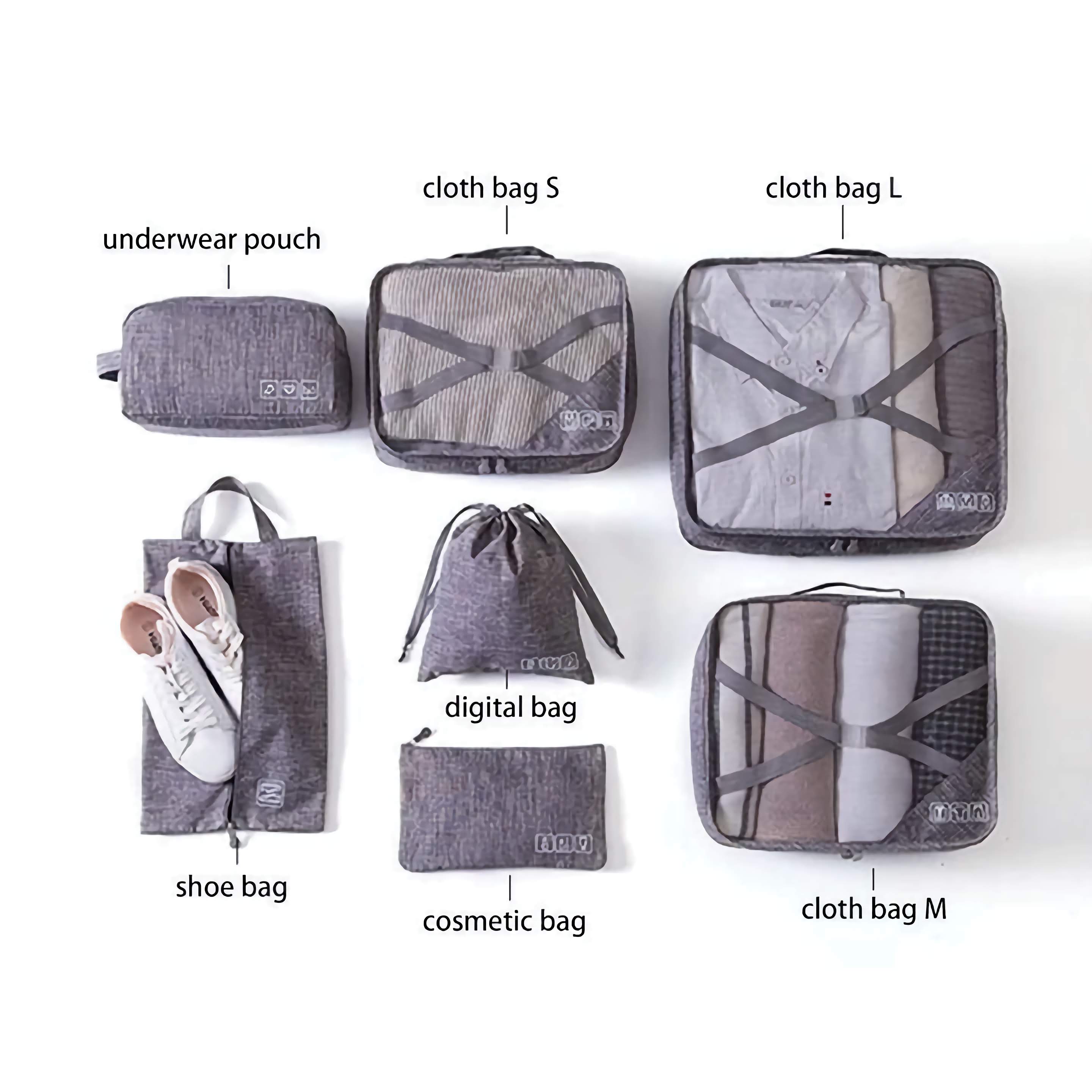 Set of gray packing cubes with name labels on a white background