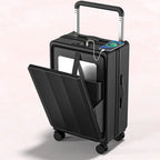 Black Smart Suitcase with open front compartment holding a laptop and has a USB charger on top of suitcase and phone plugged in